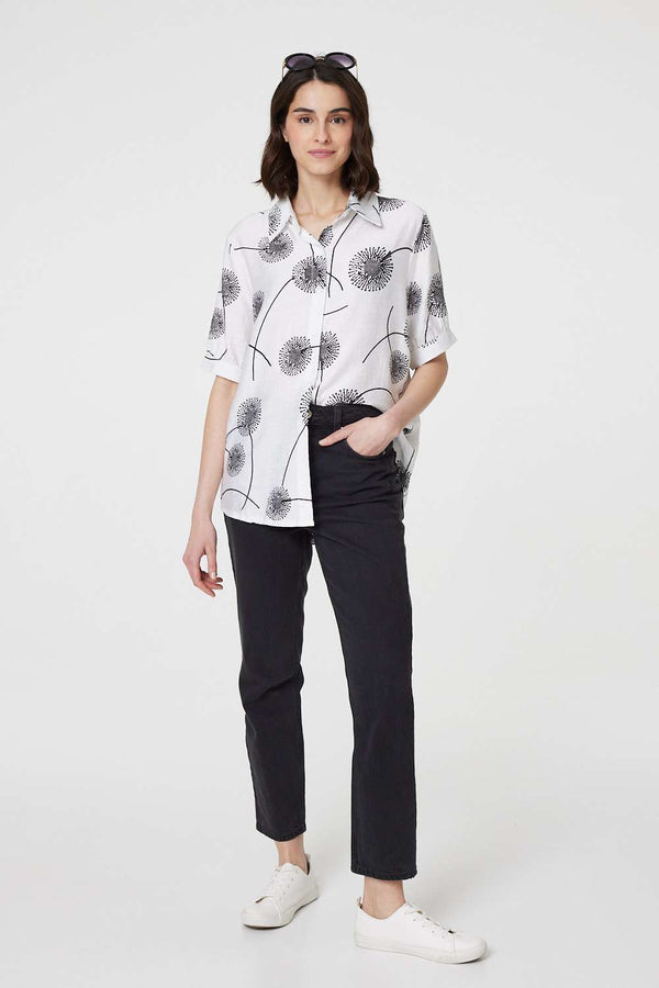 White | Printed 1/2 Sleeve Button-Up Shirt