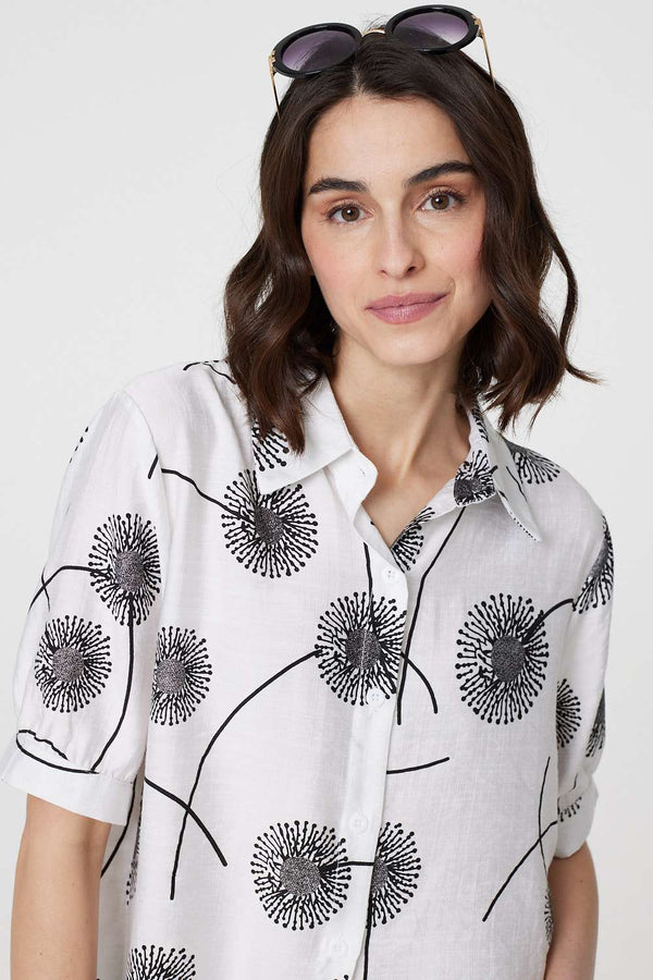 White | Printed 1/2 Sleeve Button-Up Shirt