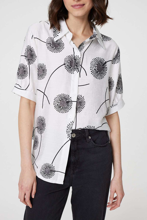 White | Printed 1/2 Sleeve Button-Up Shirt