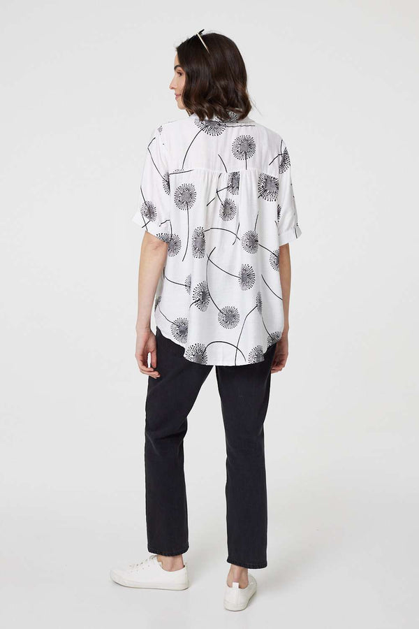 White | Printed 1/2 Sleeve Button-Up Shirt