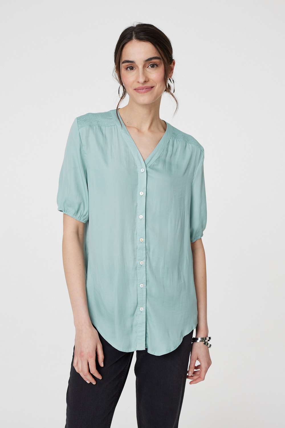 Sage | Plain V-Neck Puff 1/2 Sleeve Shirt