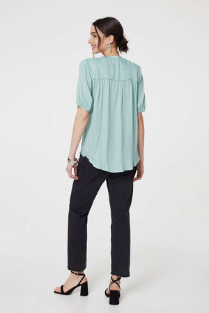 Sage | Plain V-Neck Puff 1/2 Sleeve Shirt