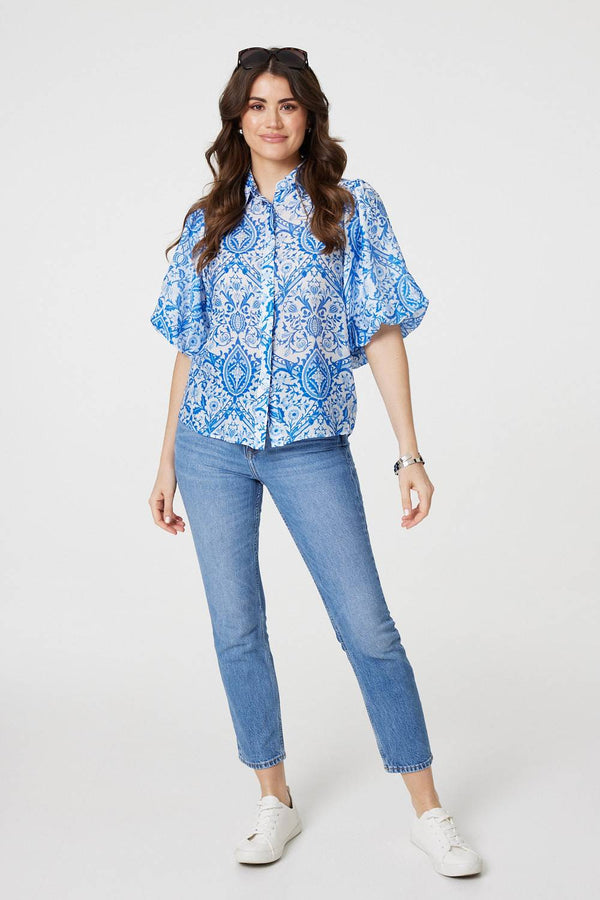 Blue | Paisley Print Puff 1/2 Sleeve Shirt