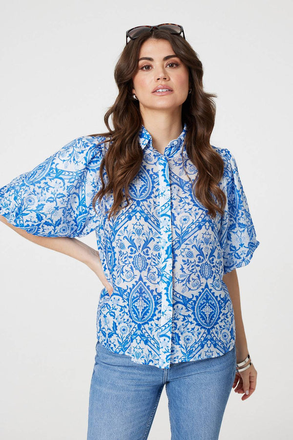 Blue | Paisley Print Puff 1/2 Sleeve Shirt