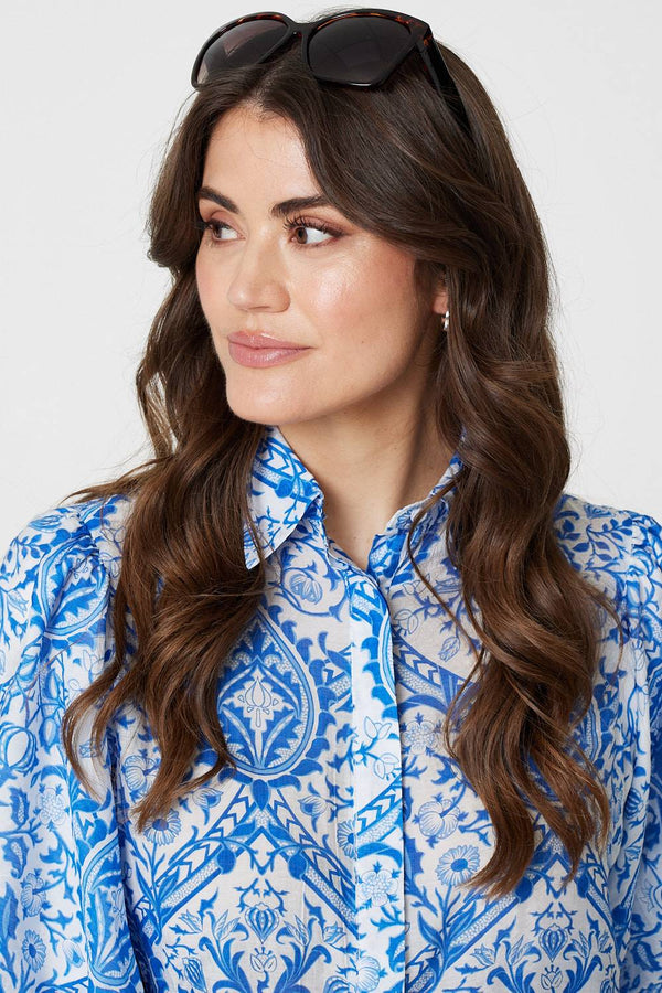 Blue | Paisley Print Puff 1/2 Sleeve Shirt