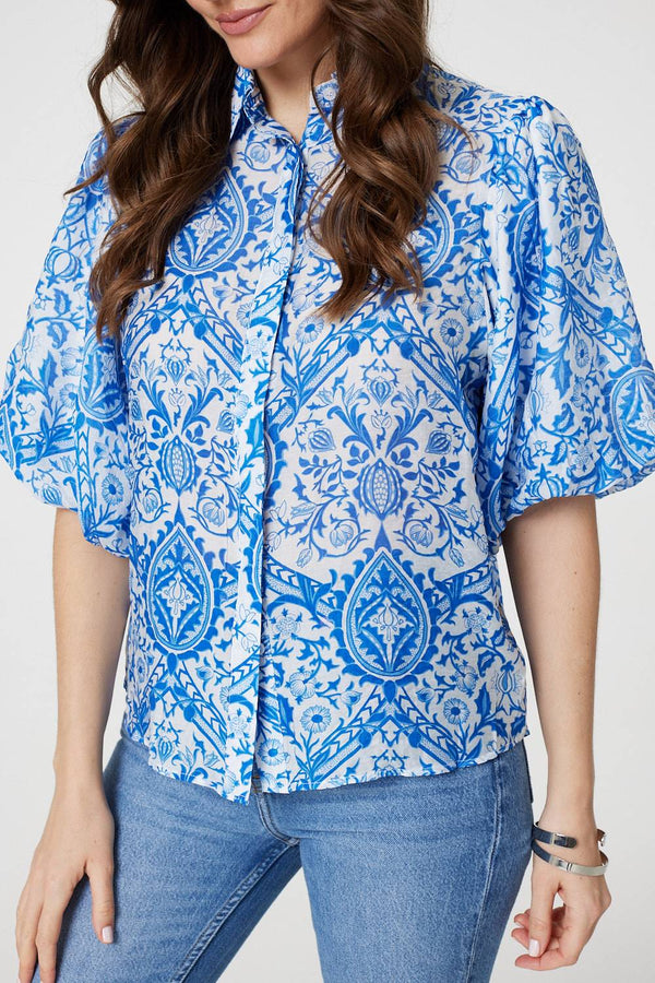 Blue | Paisley Print Puff 1/2 Sleeve Shirt