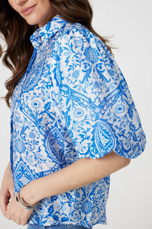 Blue | Paisley Print Puff 1/2 Sleeve Shirt