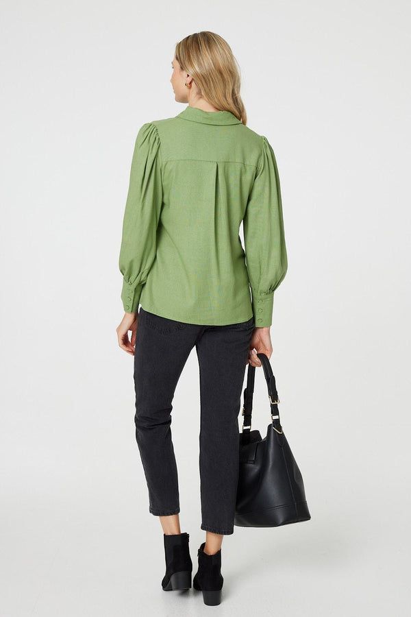 Sage | Plain Puff Sleeve Button-Up Shirt