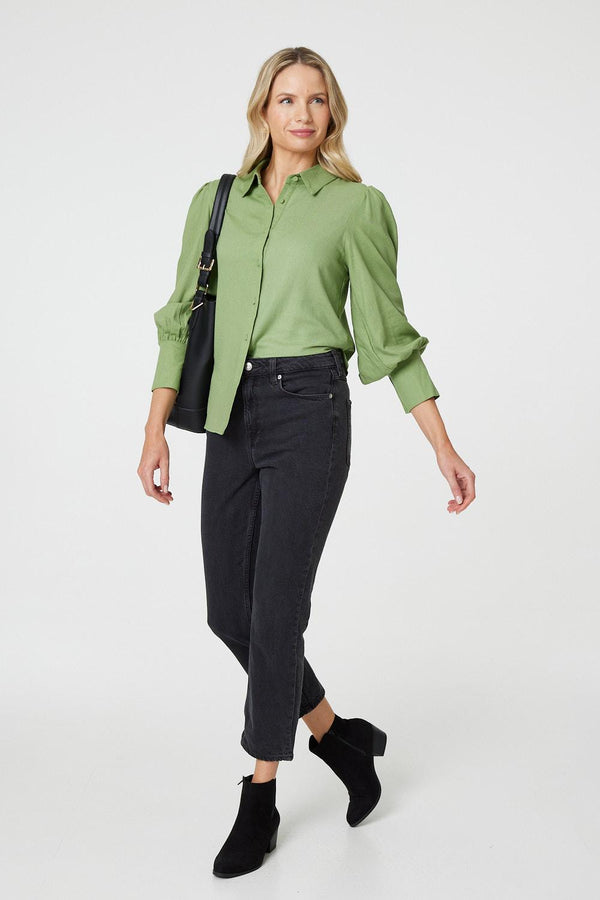 Sage | Plain Puff Sleeve Button-Up Shirt