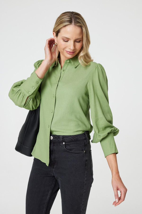 Sage | Plain Puff Sleeve Button-Up Shirt