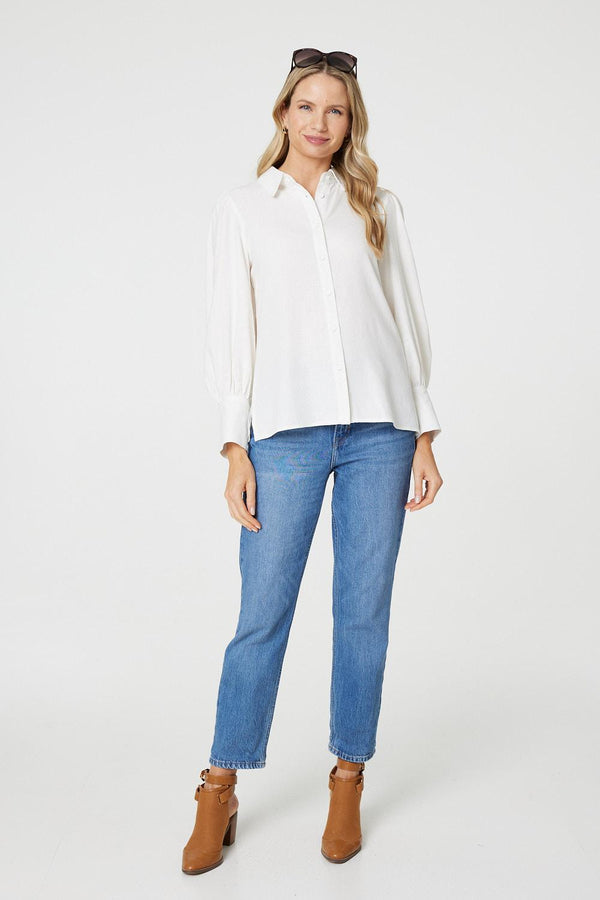 White | Plain Puff Sleeve Button-Up Shirt
