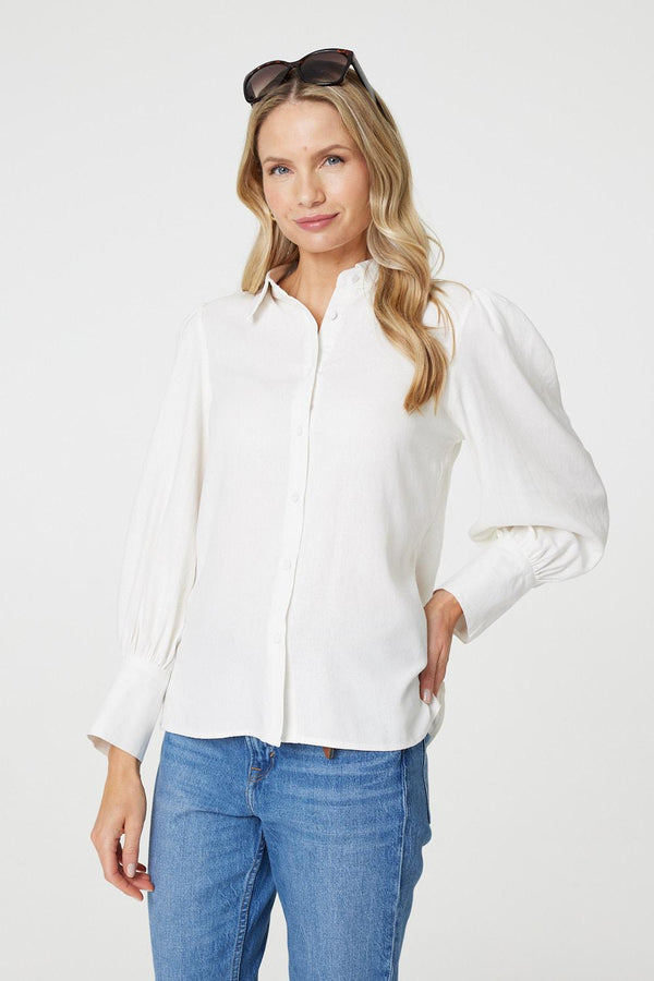 White | Plain Puff Sleeve Button-Up Shirt