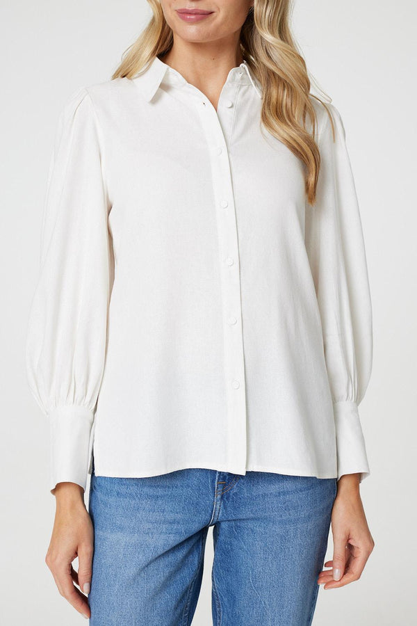 White | Plain Puff Sleeve Button-Up Shirt
