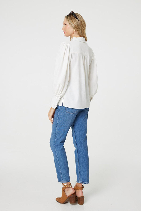 White | Plain Puff Sleeve Button-Up Shirt