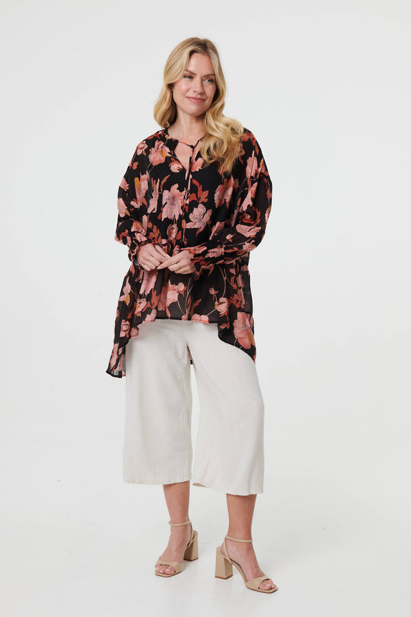 Black | Floral Long Sleeve Longline Tunic Blouse