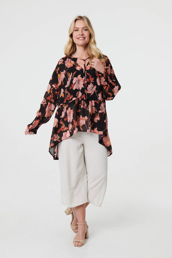 Black | Floral Long Sleeve Longline Tunic Blouse
