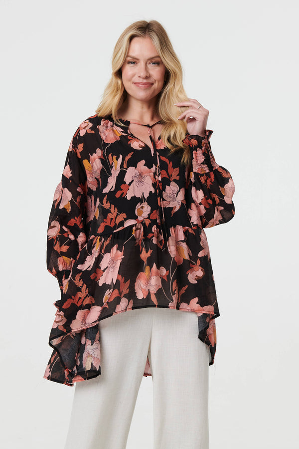 Black | Floral Long Sleeve Longline Tunic Blouse