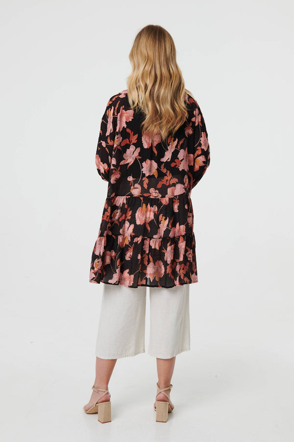 Black | Floral Long Sleeve Longline Tunic Blouse