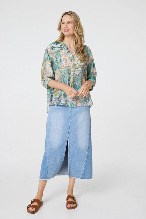 Green | Paisley 3/4 Collarless Blouse