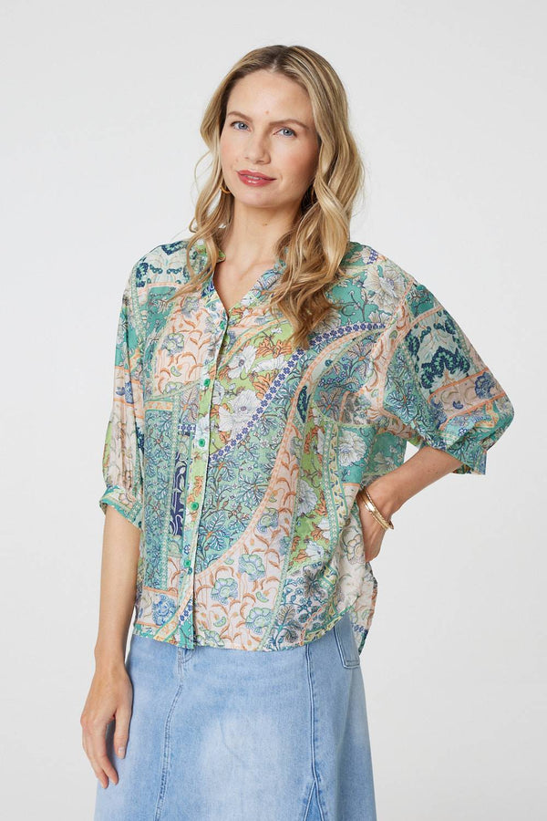Green | Paisley 3/4 Collarless Blouse