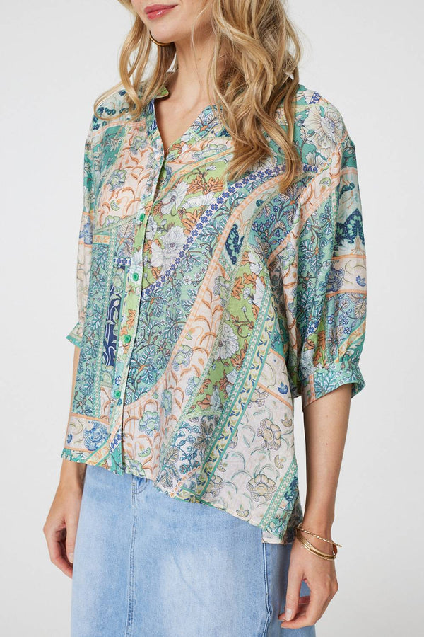Green | Paisley 3/4 Collarless Blouse