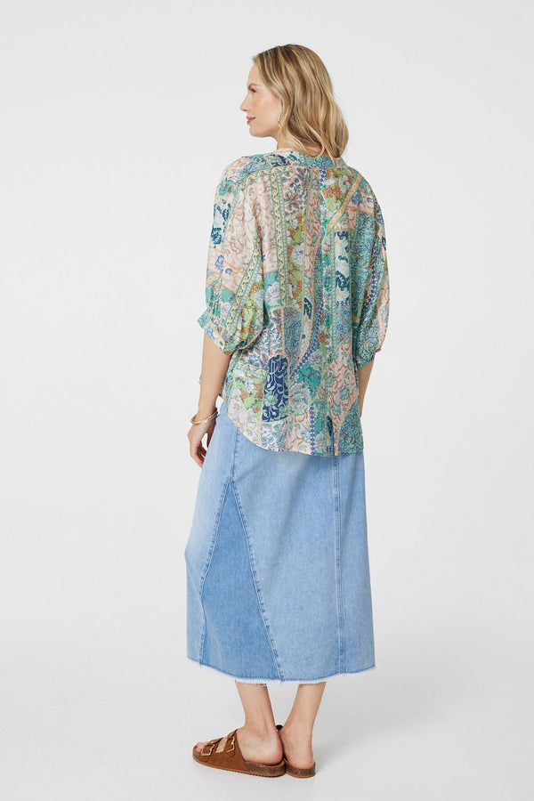 Green | Paisley 3/4 Collarless Blouse