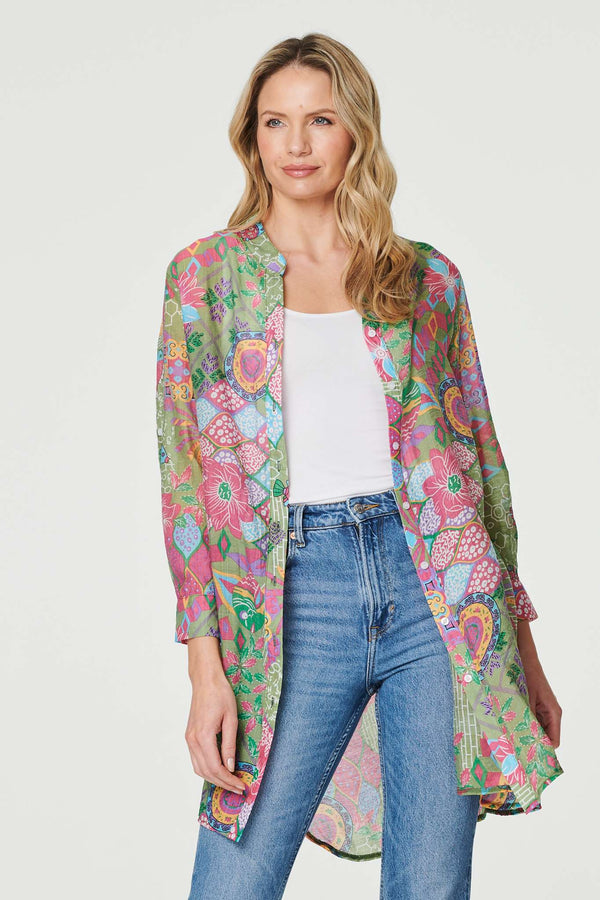Green | Printed Semi Sheer Longline Blouse : Model is 5'10"/178 cm and wears UK10/EU38/US6/AUS10