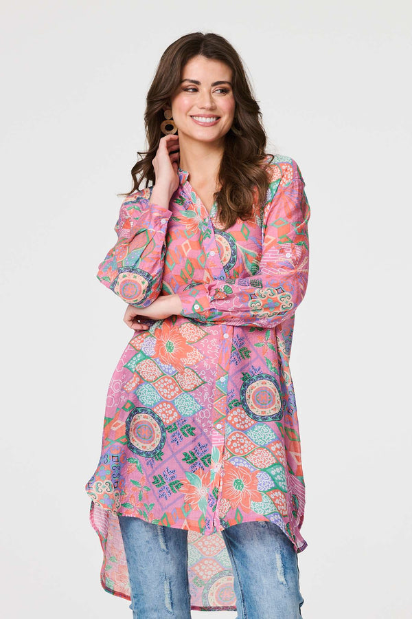 Pink | Printed Semi Sheer Longline Blouse : Model is 5'9"/175 cm and wears UK10/EU38/US6/AUS10