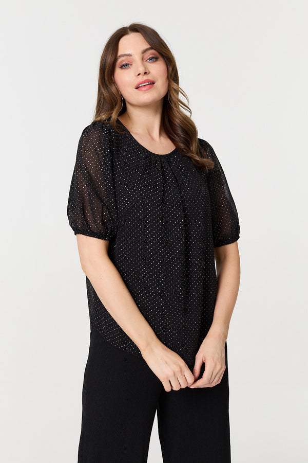 Black | Polka Dot Print Semi Sheer Blouse