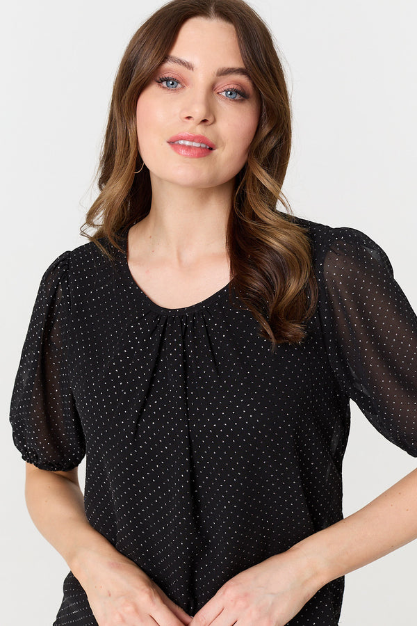 Black | Polka Dot Print Semi Sheer Blouse