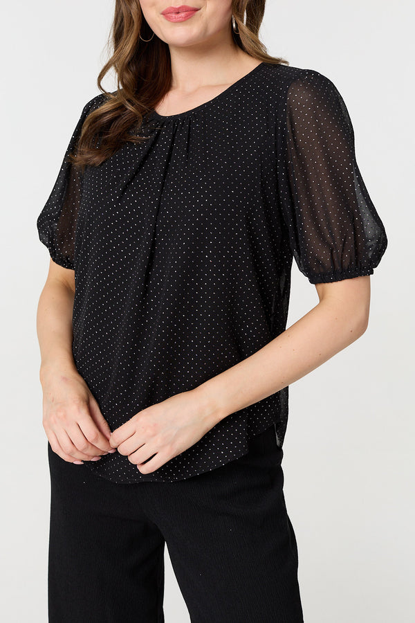 Black | Polka Dot Print Semi Sheer Blouse