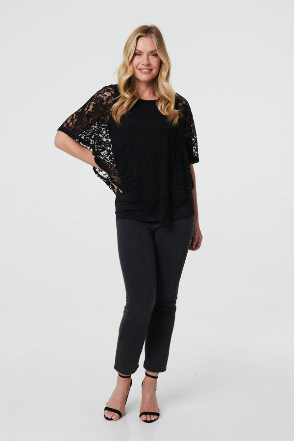 Black | Floral Lace Asymmetric Layered Top