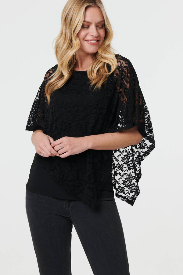 Black | Floral Lace Asymmetric Layered Top