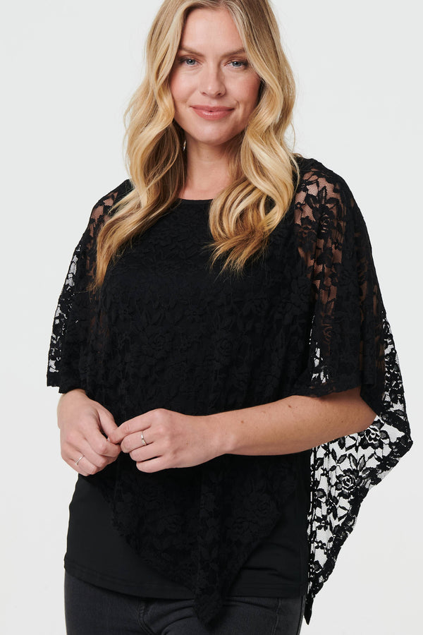 Black | Floral Lace Asymmetric Layered Top
