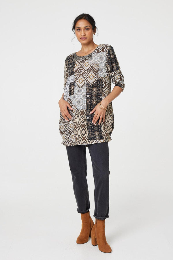 Beige | Patchwork Print Long Sleeve Scoop Neck Tunic