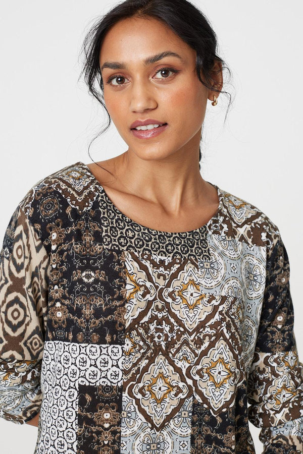 Beige | Patchwork Print Long Sleeve Scoop Neck Tunic