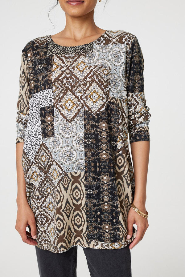 Beige | Patchwork Print Long Sleeve Scoop Neck Tunic