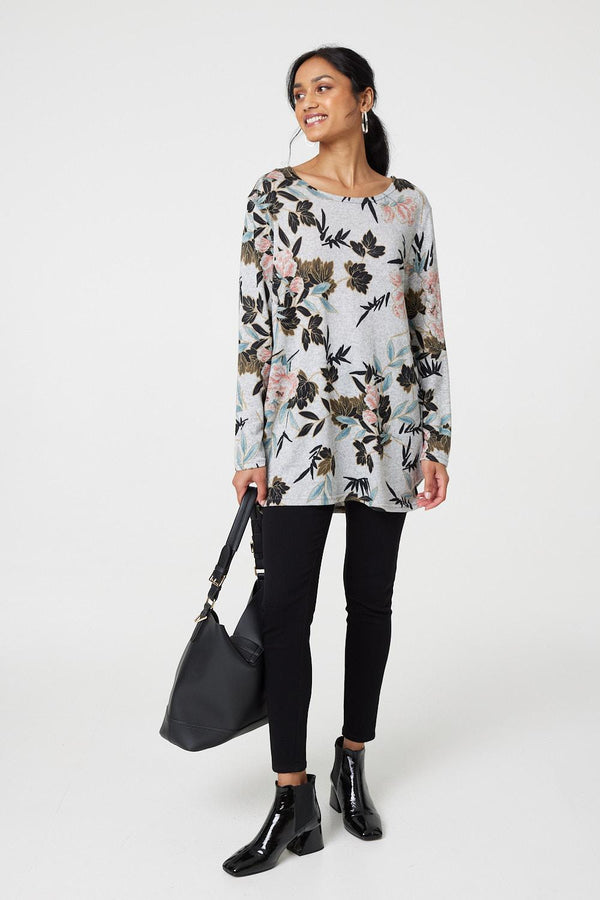 Grey | Floral Wide Neck Relaxed Long Sleeve Top