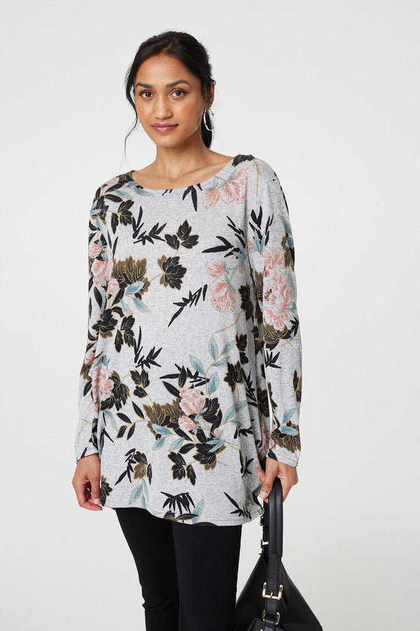 Grey | Floral Wide Neck Relaxed Long Sleeve Top