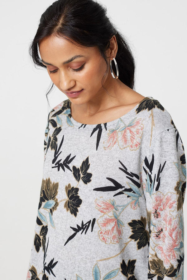 Grey | Floral Wide Neck Relaxed Long Sleeve Top