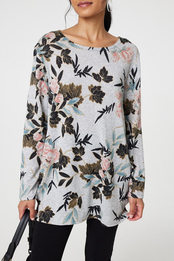 Grey | Floral Wide Neck Relaxed Long Sleeve Top