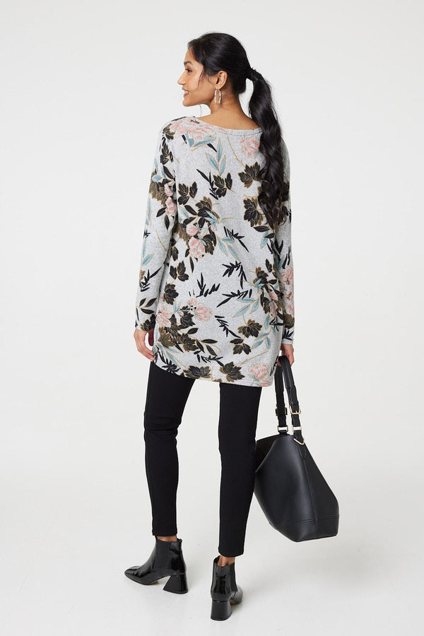 Grey | Floral Wide Neck Relaxed Long Sleeve Top
