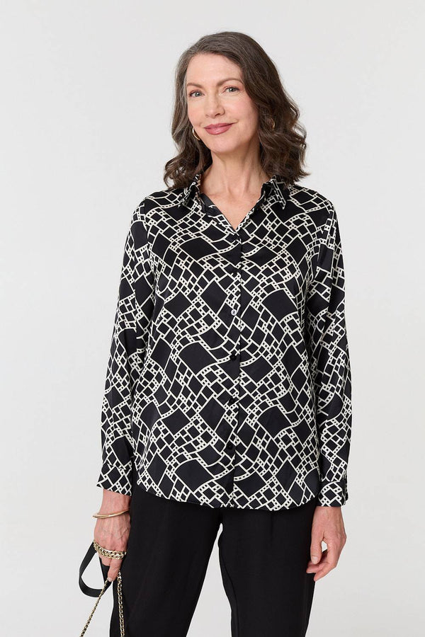 Black | Geo Print V-Neck Long Sleeve Shirt