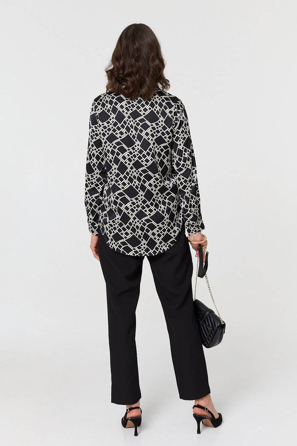 Black | Geo Print V-Neck Long Sleeve Shirt
