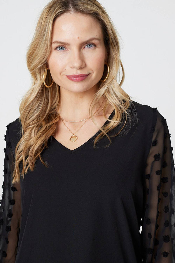 Black | Polka Dot Semi Sheer V-Neck Blouse