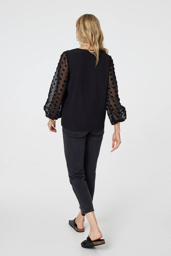 Black | Polka Dot Semi Sheer V-Neck Blouse