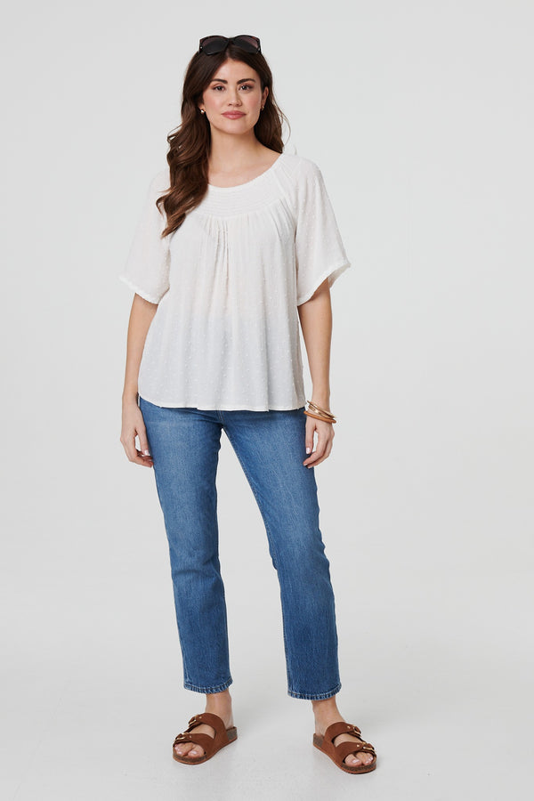 White | Textured Semi Sheer Shirred Bardot Top