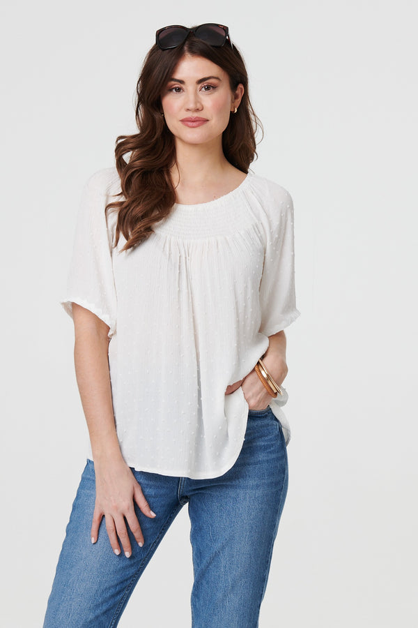 White | Textured Semi Sheer Shirred Bardot Top