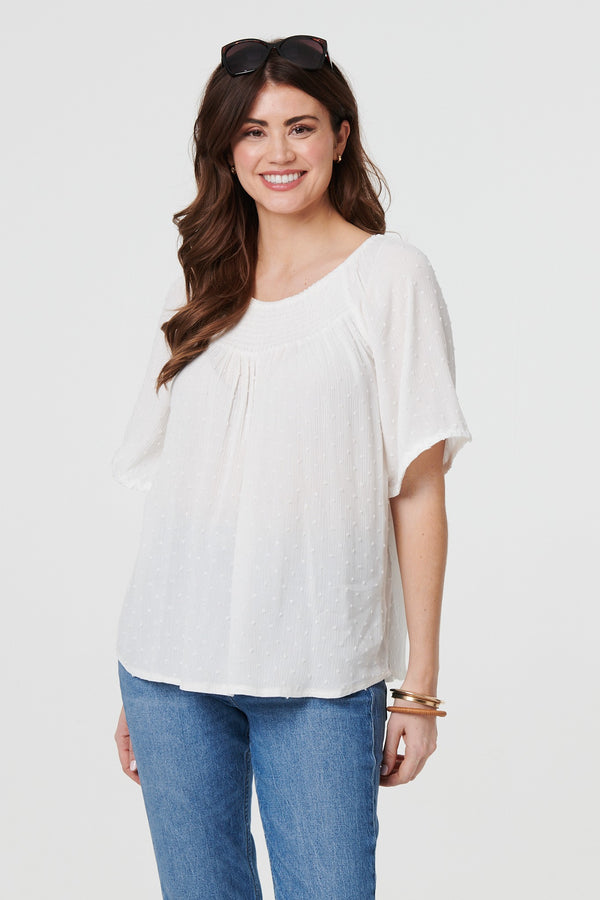 White | Textured Semi Sheer Shirred Bardot Top