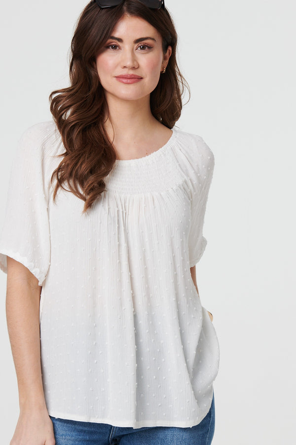 White | Textured Semi Sheer Shirred Bardot Top